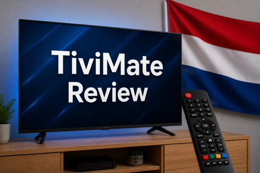 Best IPTV Player Review 2026 with smart TV, remote control and Netherlands flag background