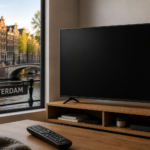 Modern living room with a television, remote control and Amsterdam canal view representing IPTV services in Amsterdam.