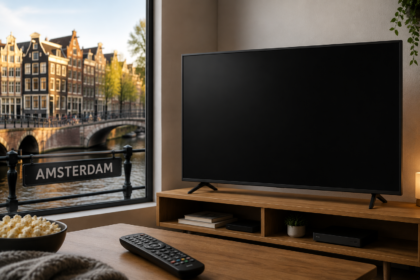 Modern living room with a television, remote control and Amsterdam canal view representing IPTV services in Amsterdam.