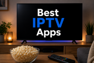 Best IPTV Apps displayed on a modern smart TV screen with a remote control and popcorn in a cozy living room setup.