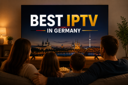 Family watching television at home while exploring the best IPTV services in Germany in 2026.