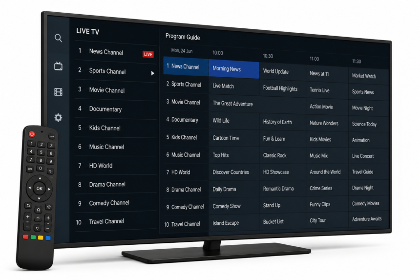 IBO Player Pro review interface on Smart TV with IPTV channel guide and remote control