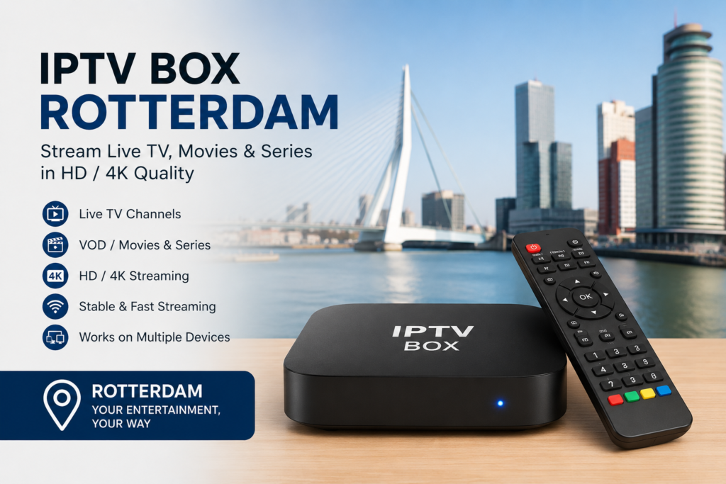 Best IPTV box in Rotterdam with remote control and Rotterdam city background.
