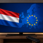 Modern smart TV displaying the Netherlands flag and Europe map with EU stars, representing IPTV streaming services in the Netherlands and Europe.