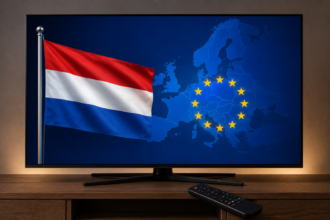 Modern smart TV displaying the Netherlands flag and Europe map with EU stars, representing IPTV streaming services in the Netherlands and Europe.
