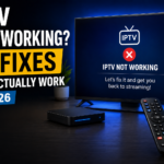IPTV not working error screen with troubleshooting guide showing fixes for IPTV buffering, connection problems, playback errors, and playlist loading issues