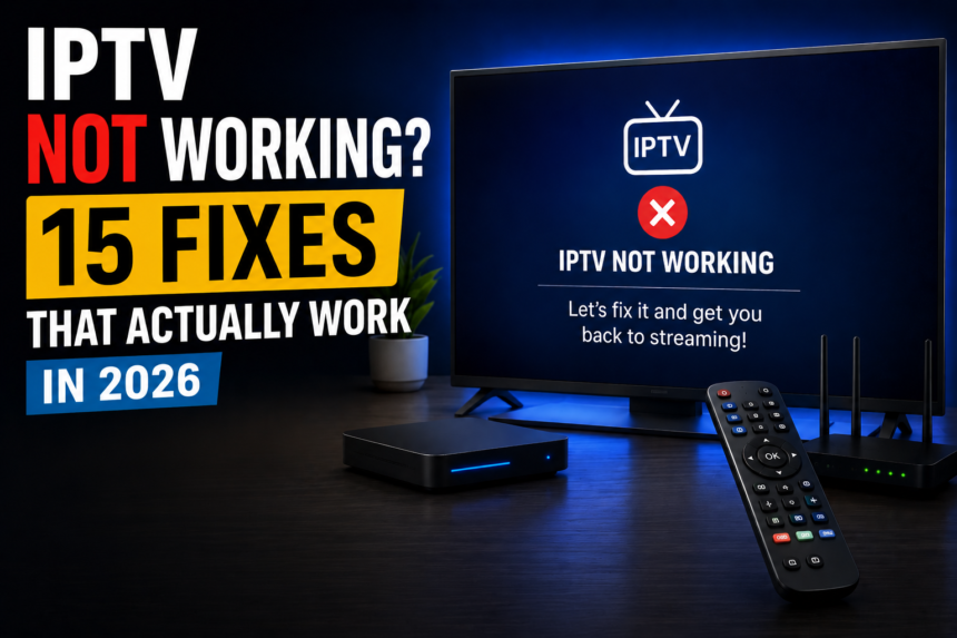 IPTV not working error screen with troubleshooting guide showing fixes for IPTV buffering, connection problems, playback errors, and playlist loading issues