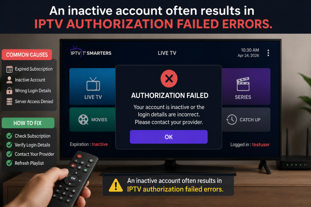 IPTV authorization failed error displayed on a smart TV screen caused by an inactive IPTV account or expired subscription