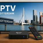 IPTV box and remote control with Rotterdam city skyline on a television screen.