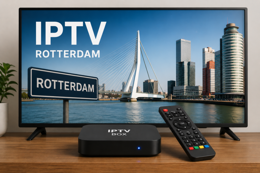 IPTV box and remote control with Rotterdam city skyline on a television screen.