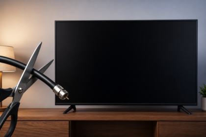 Scissors cutting a cable in front of a black television screen, symbolizing the transition from traditional cable TV to modern IPTV streaming services.