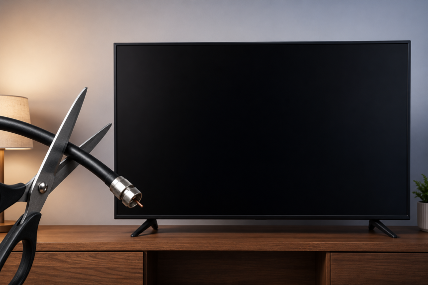 Scissors cutting a cable in front of a black television screen, symbolizing the transition from traditional cable TV to modern IPTV streaming services.